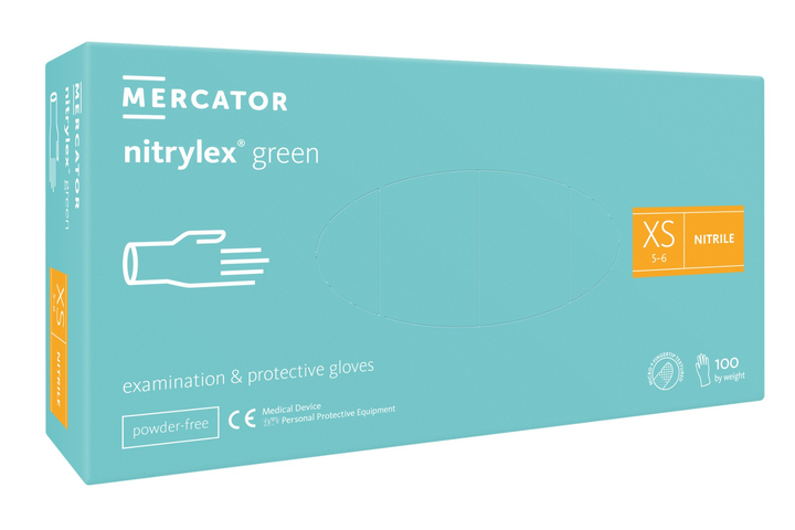 Рукавички нітрилові оглядові нестерильні неприпудрені Mercator Nitrylex® Green, розмір XS